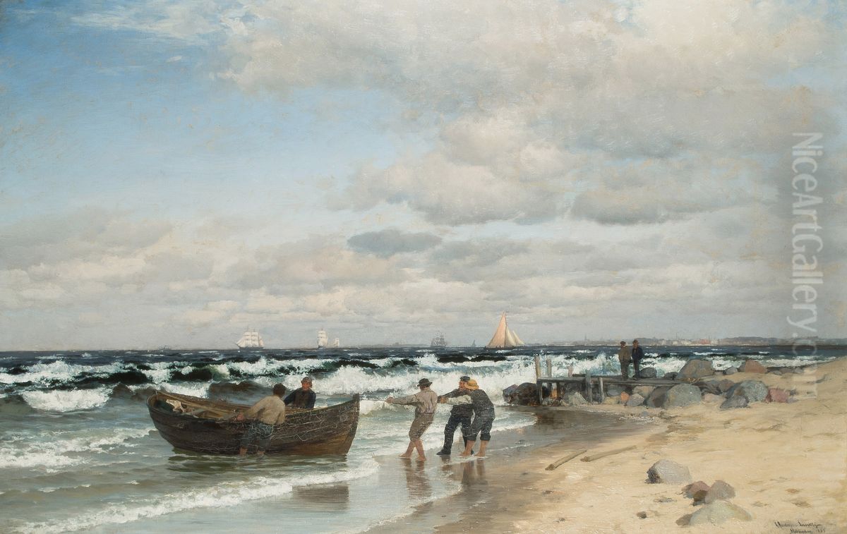 Fishermen on a beach. Oil Painting by Anders Andersen-Lundby