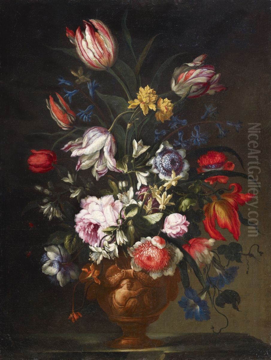 Flowers in an antique style relief vase Oil Painting by Francesco Caldei