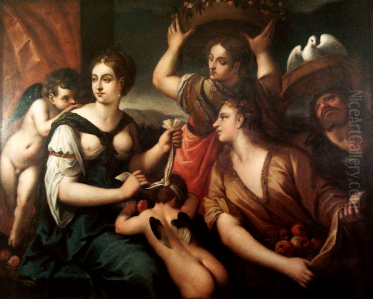 Venus blindfolding Cupid. Oil Painting by Titian