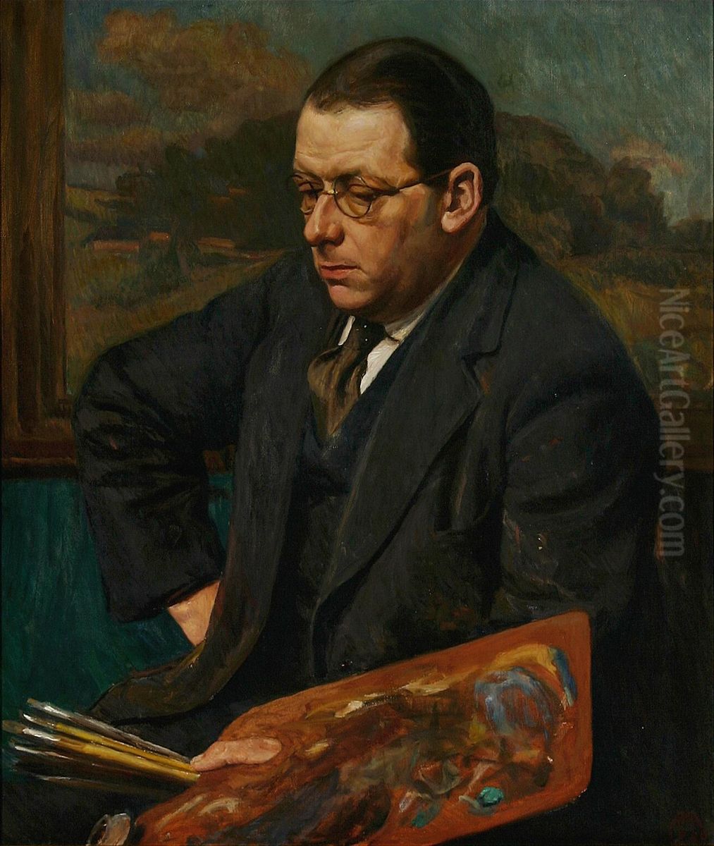 Portraet af maler med pensler og en palet. Oil Painting by Georg Andersen