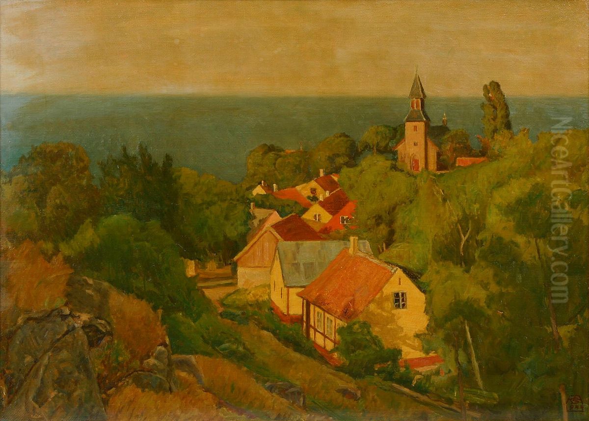 View over Gudhjem. Oil Painting by Georg Andersen