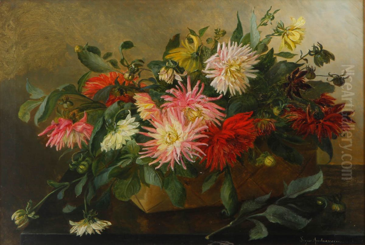 Still life with flowers in a basket. Oil Painting by Signe Andreasen