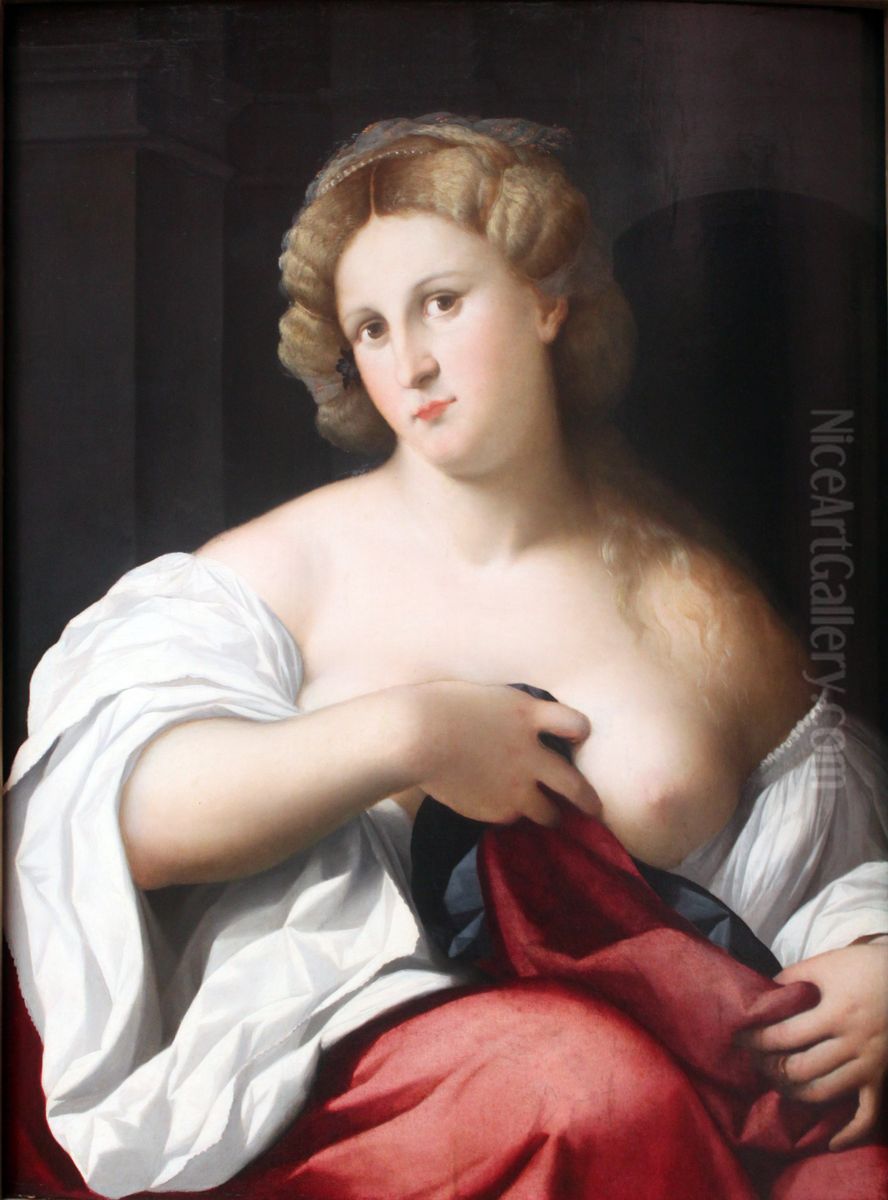 Portrait of a young woman with bare breast Oil Painting by Palma Vecchio
