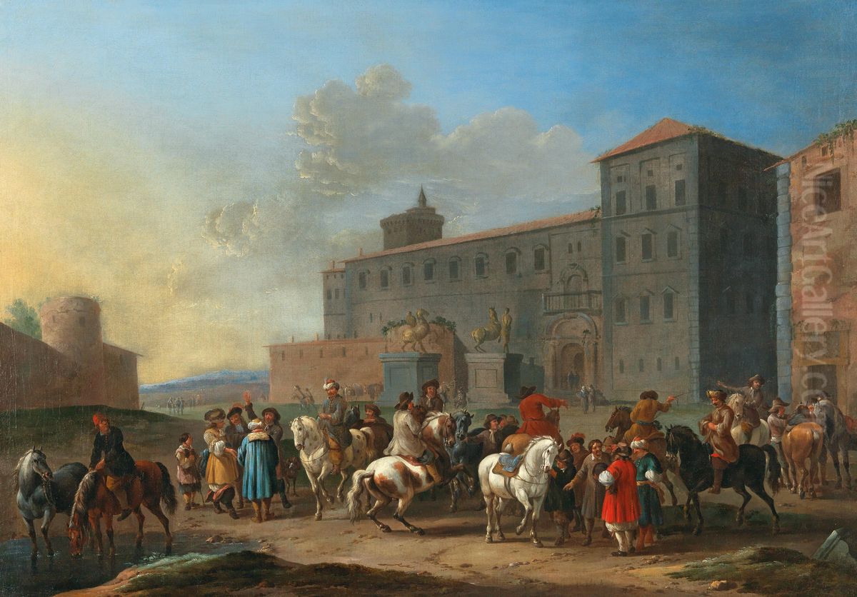 Horse market at the Piazza del Quirinale, Rome Oil Painting by Simon Johannes van Douw