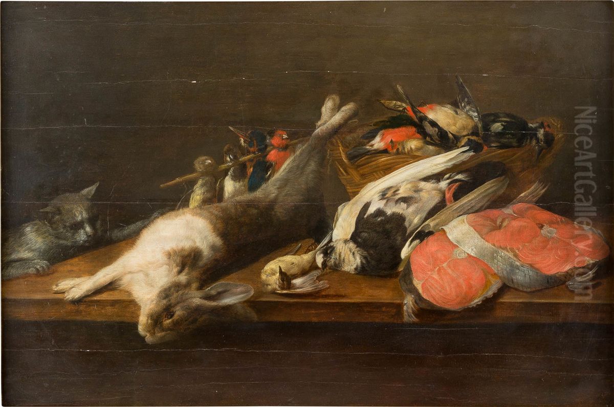 Still life with fowl and a cat Oil Painting by Pieter Van Overschie