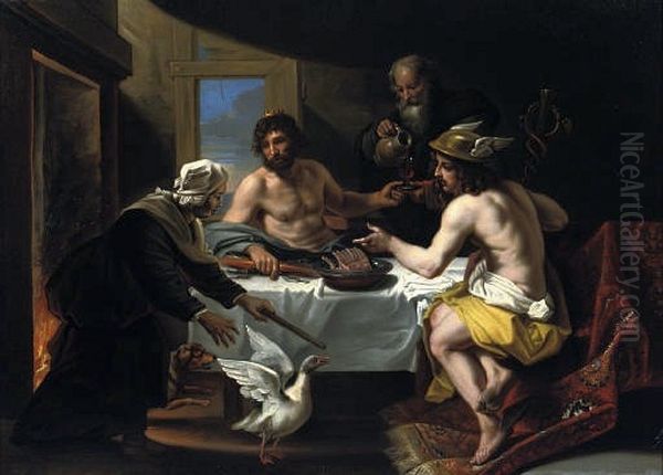 Peasants Philemon and Baucis visited by Jupiter and Mercury. Oil Painting by Jan van den Hoecke