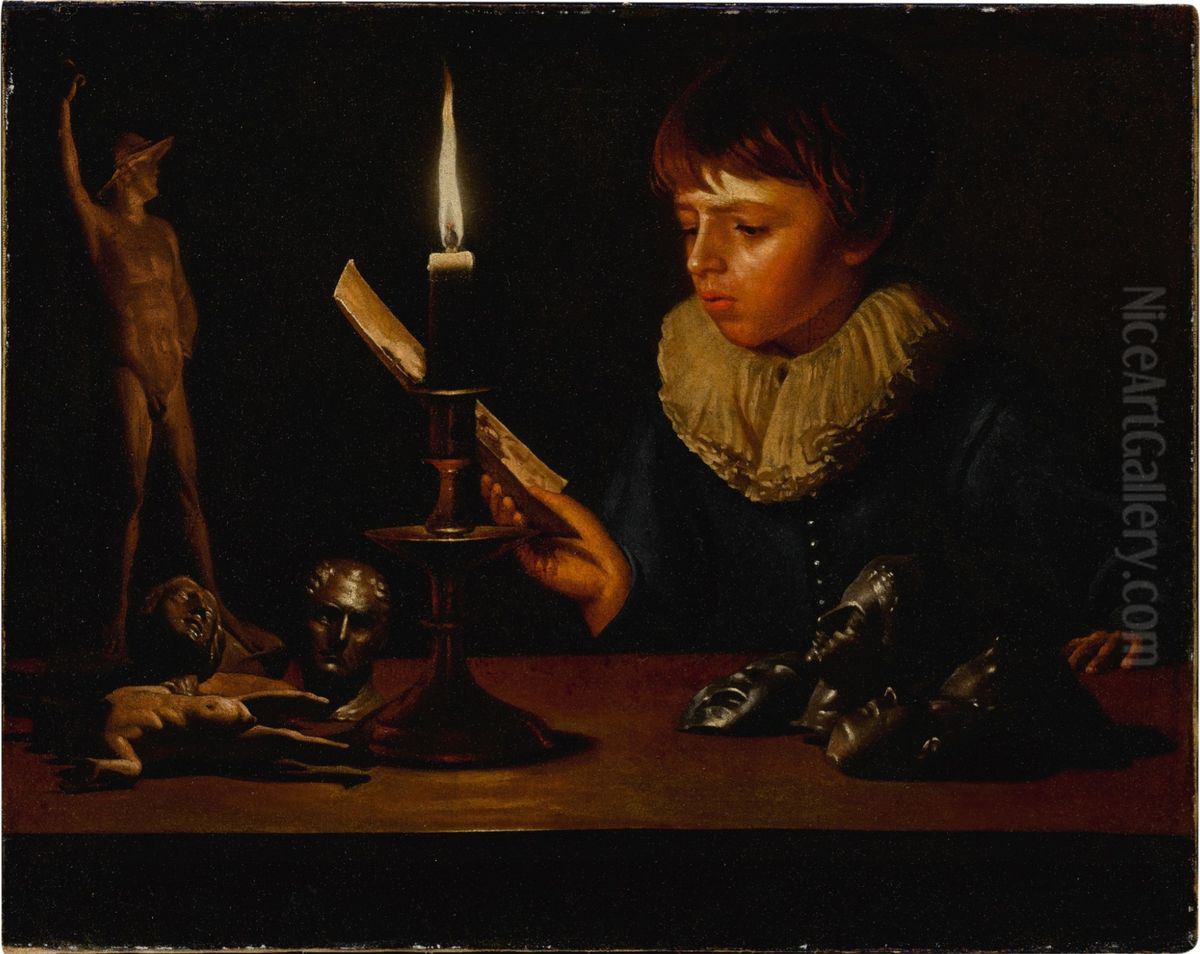 Boy behind a table with statuettes reading by candlelight Oil Painting by Adam de Coster