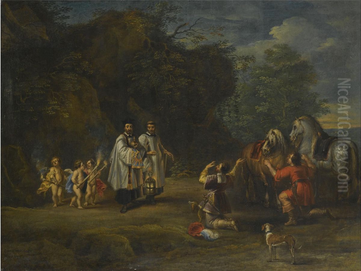 A nobleman and his servant dismount to honour the blessed sacrament. Oil Painting by Lucas Van Uden