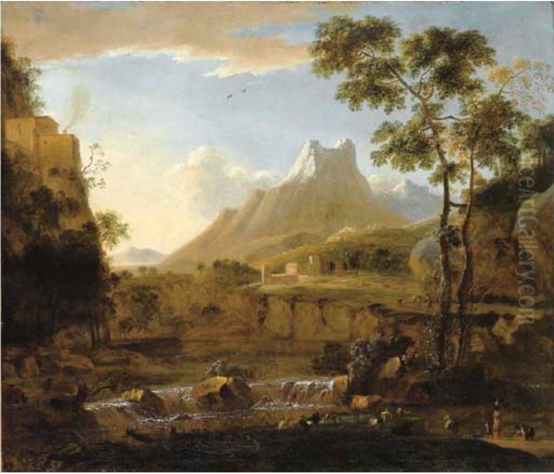 River landscape with shepherds and herdsmen and the Apuan Alps in the background Oil Painting by Bartholomeus Appelman
