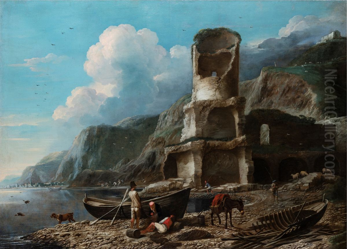 Coastal landscape with ruined tower and fishermen Oil Painting by Antonio Travi