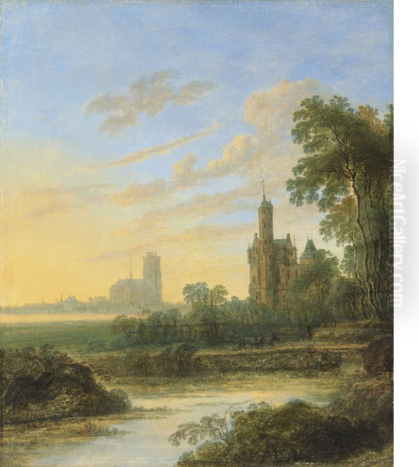 View of Dordrecht at sunset Oil Painting by Gillis Neyts
