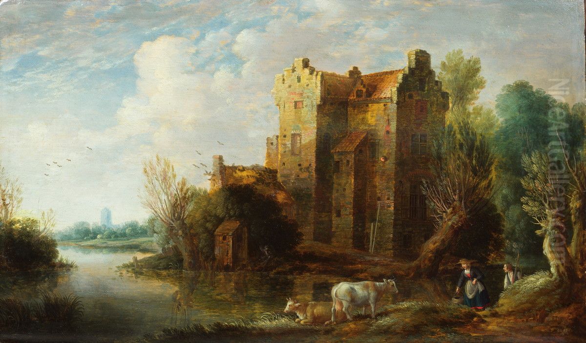 River landscape with a shepherdess, her cows and a hunter near a fortified house Oil Painting by Gillis Peeters
