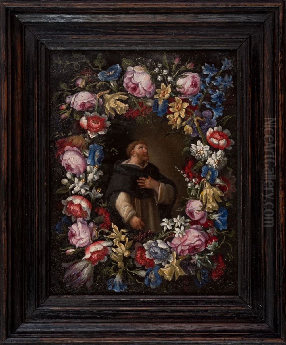 Monk in a flower wreath Oil Painting by Jan Pieter Brueghel