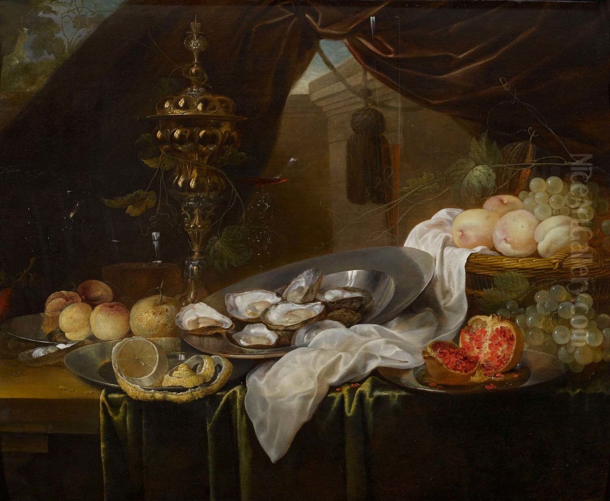Still life with gold cup, Facon de Venise glassware, fruits and oysters Oil Painting by Jan van den Hecke