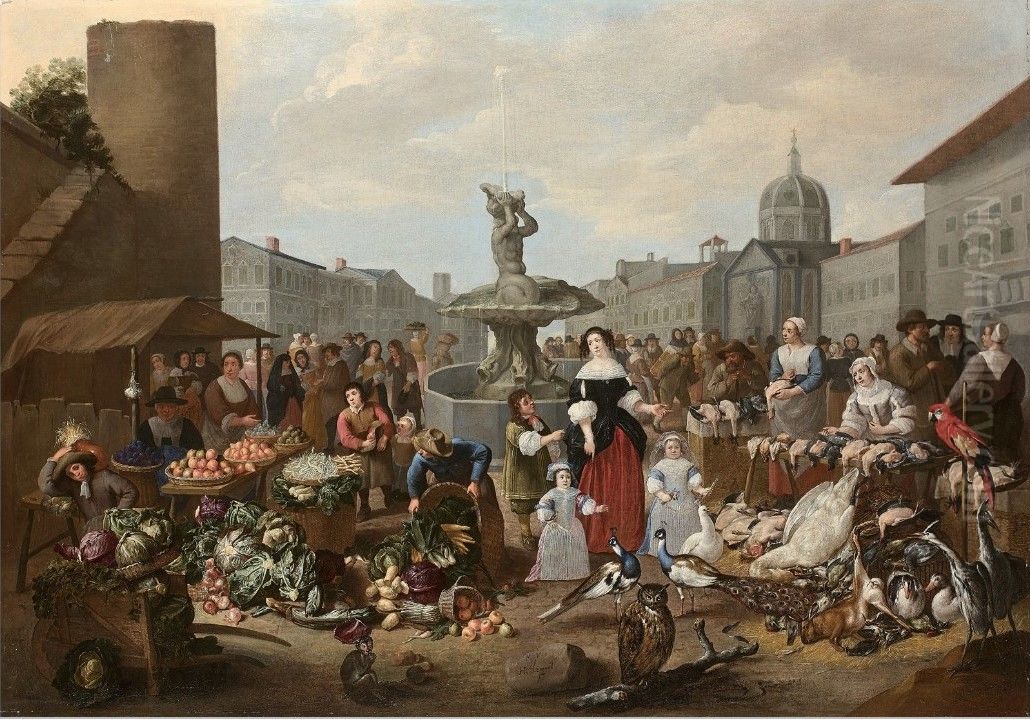 Market scene in an imaginary Italian town Oil Painting by Mattheus van Helmont