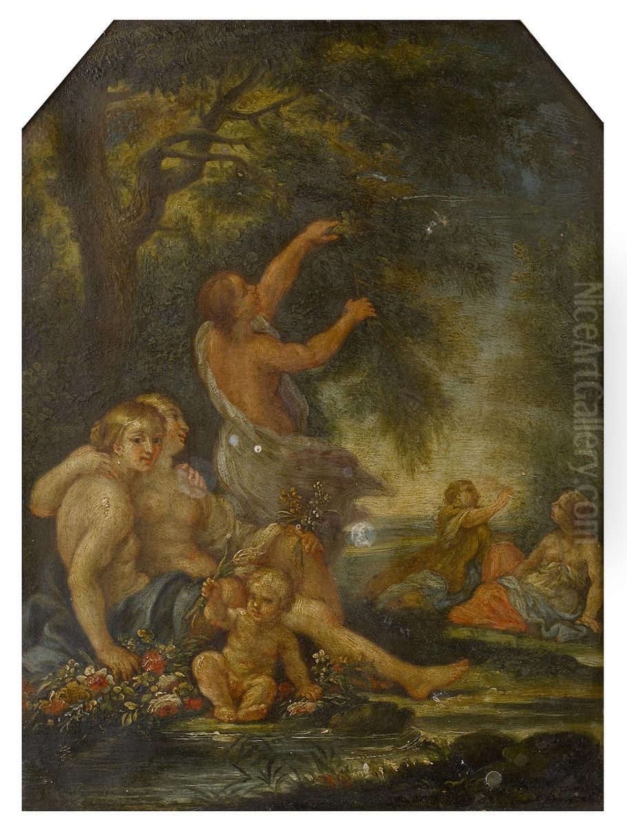 Nymphs and a cherub by a woodland stream Oil Painting by Filippo Lauri