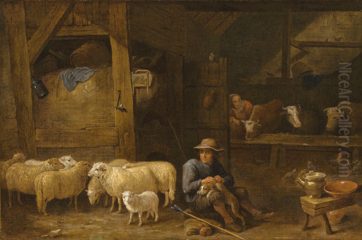 Interior of a barn with a shepherd and his flock Oil Painting by David Teniers the Younger