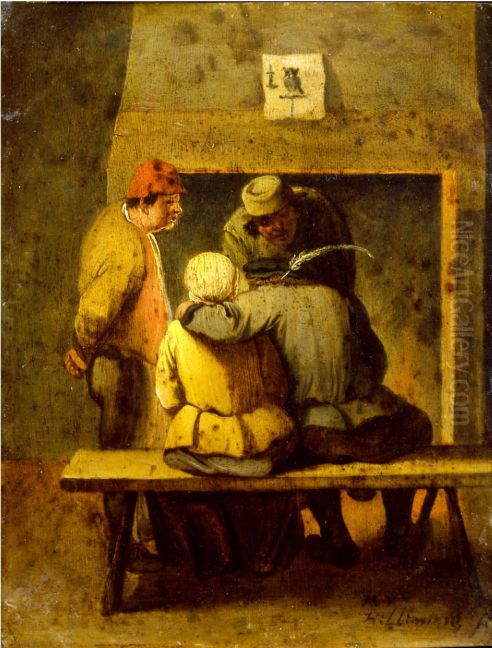 Four peasants in front of the hearth Oil Painting by Mattheus van Helmont