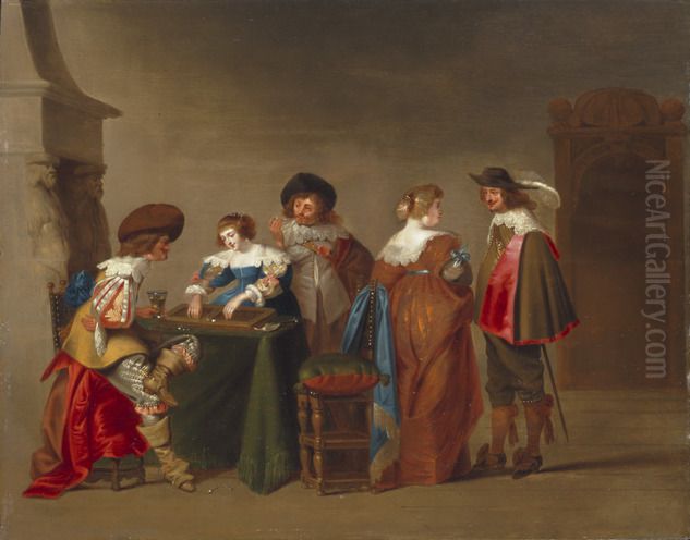 Merry company playing trictrac in an interior Oil Painting by Christoffel Jacobsz van der Laemen