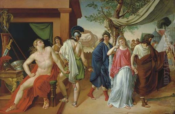 Patroclus handing Briseis to the Heralds of Agamemnon Oil Painting by Pierre Edme Louis Pellier