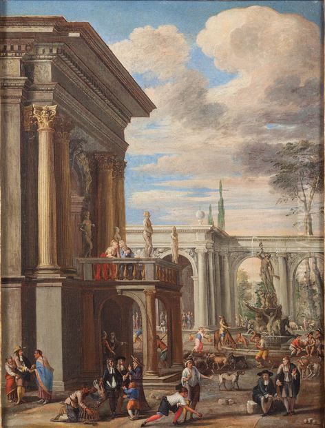 Architectural capriccio with market scene Oil Painting by Ascanio Luciano