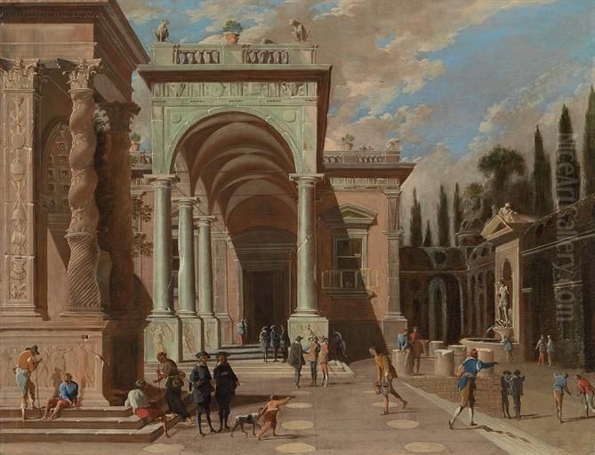 An architectural capriccio with figures outside a palace Oil Painting by Ascanio Luciano