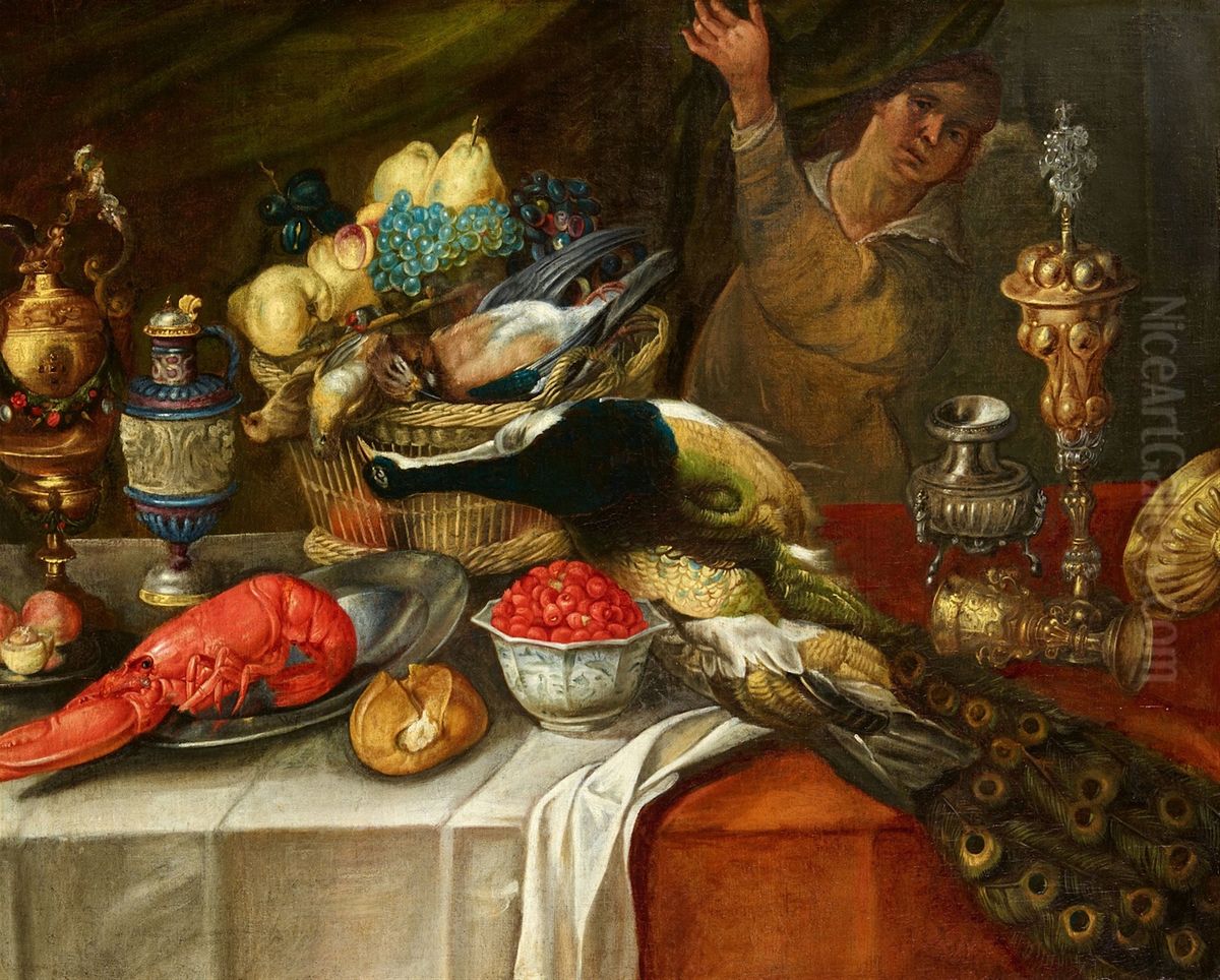 Large Still Life with a Lobster, Birds, Fruit, and Renaissance Goblets Oil Painting by Jan van Kessel the Elder