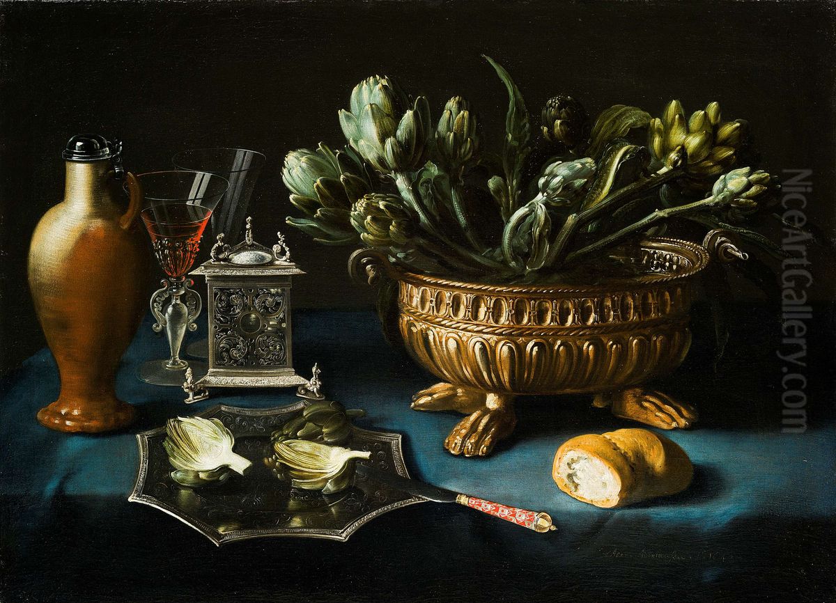 Still life with artichokes in a silver gilt wine cistern and other silver objects Oil Painting by Alexander Adriaenssen