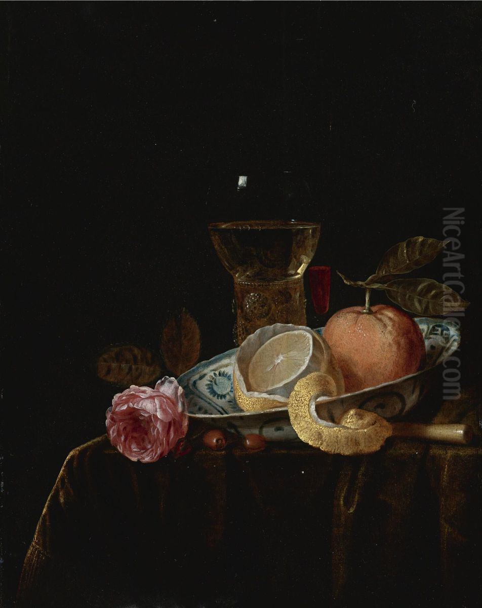 Still life with a partly peeled lemon and an orange in a Wanli bowl, a roemer, a wineglass and a rose on a draped table Oil Painting by Gillis van Hulsdonck
