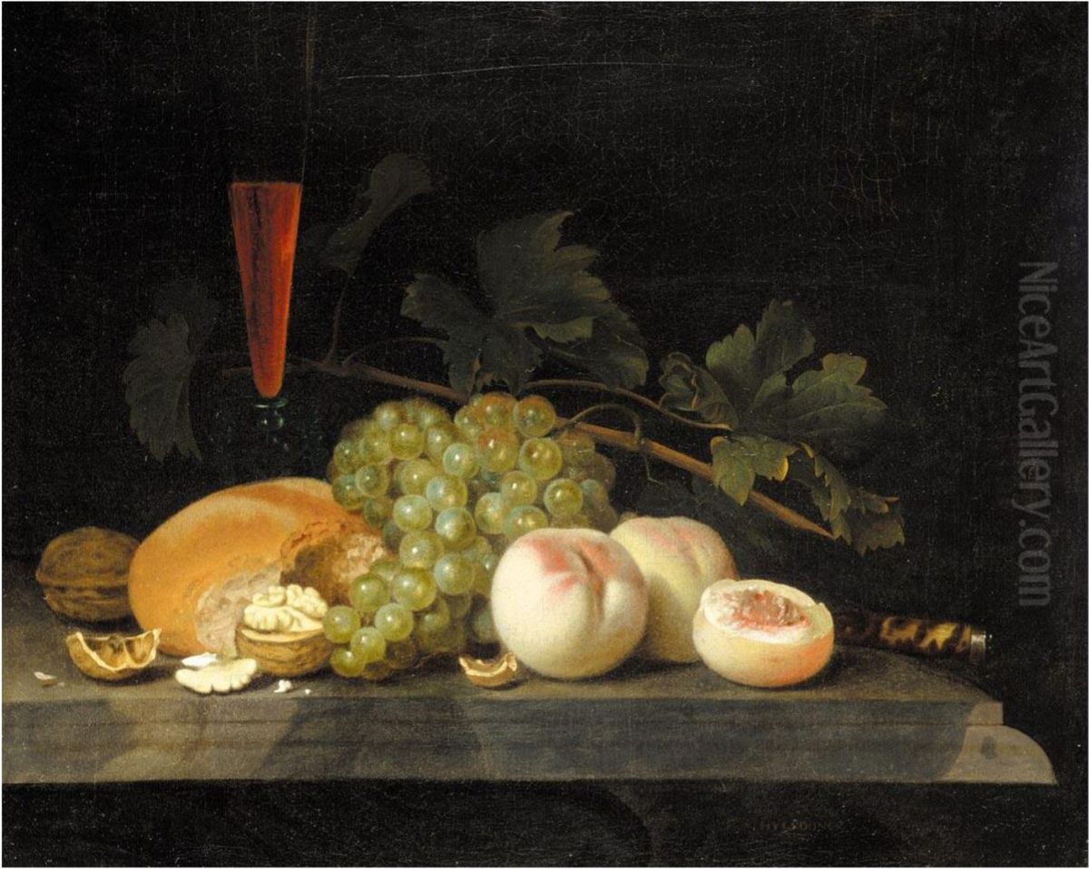 Still life with peaches, grapes, walnuts, bread, a half filled flute, vine leaves and a knife handle on a stone ledge Oil Painting by Gillis van Hulsdonck