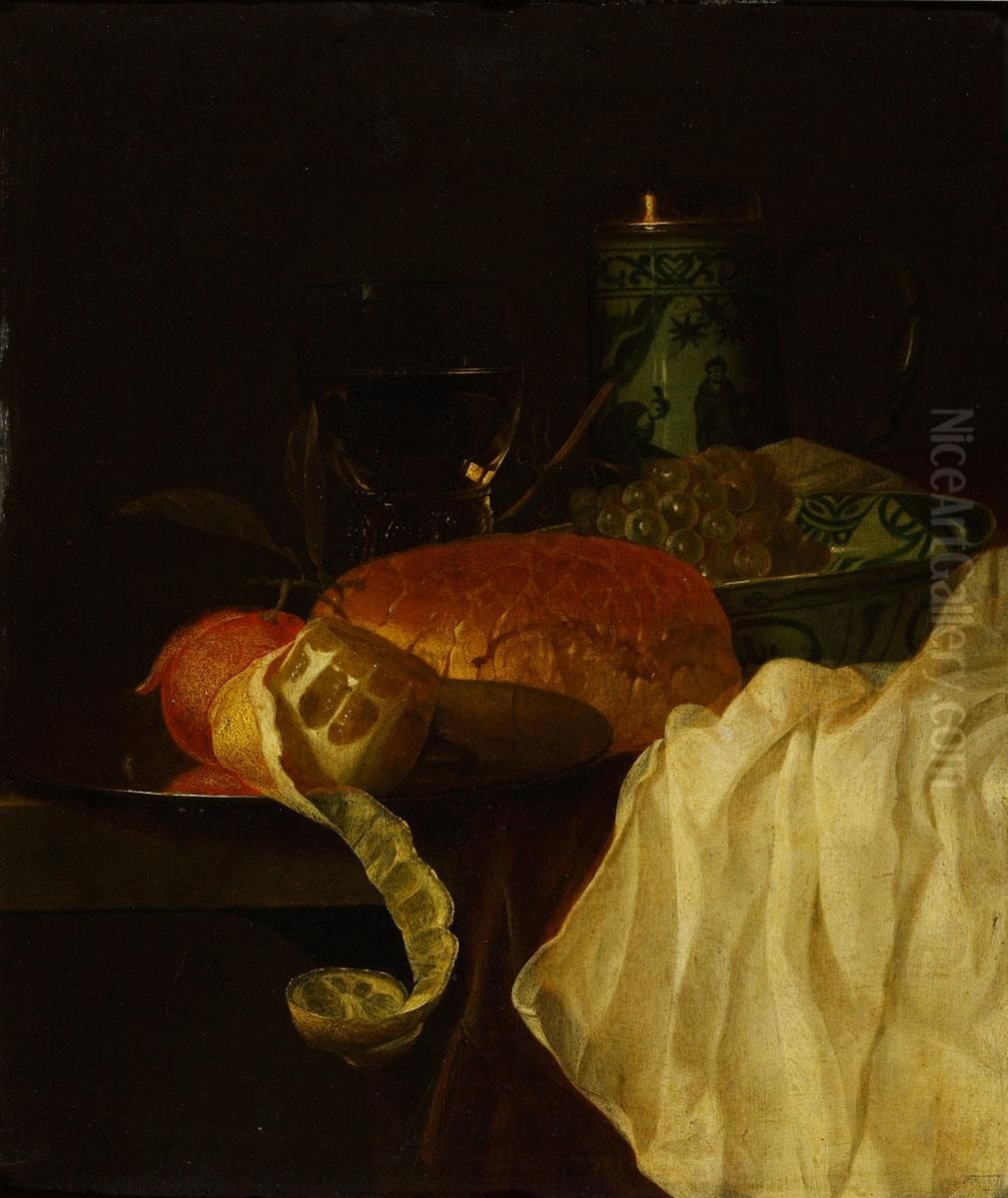 Still life with peeled lemon, grapes in a Wanli dish, a roemer and a porcelain tankard on a draped table Oil Painting by Gillis van Hulsdonck