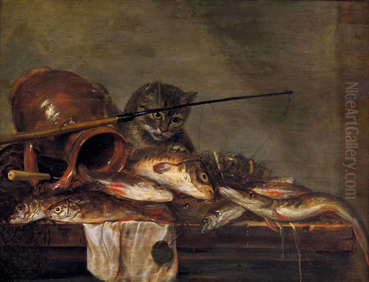 Still life with fish catch, fishing rod and curious cat Oil Painting by Jan Dirven