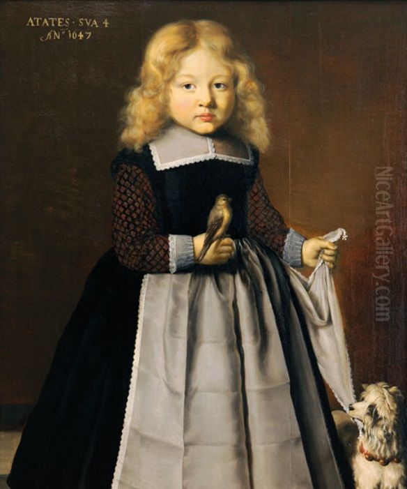 Portrait of a child with a dog and a canary (aged 4). Oil Painting by Wybrand de Geest