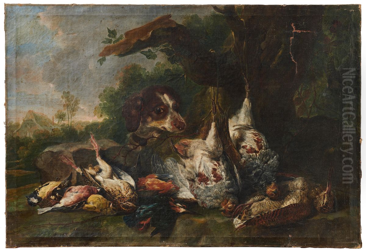 A hunting dog with dead birds at the foot of a tree Oil Painting by Jan Fyt