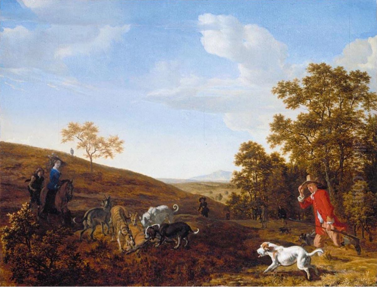 Landscape with a huntsman and his hounds attacking a fox Oil Painting by Ludolf de Jongh