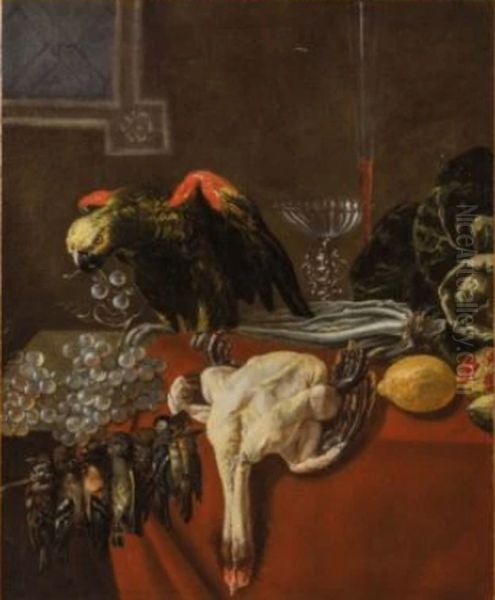 Still life with table ware, game and a parrot Oil Painting by Jan Dirven