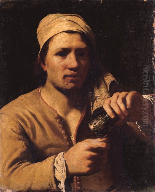 Young man in a turban holding a roemer (The fingernail test) Oil Painting by Michiel Sweerts