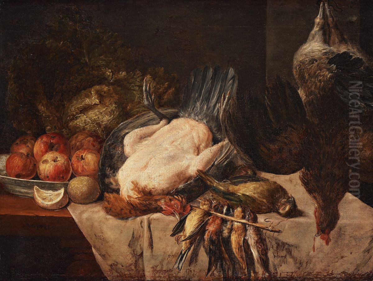 Still life with birds and fruits Oil Painting by Philips Gijsels