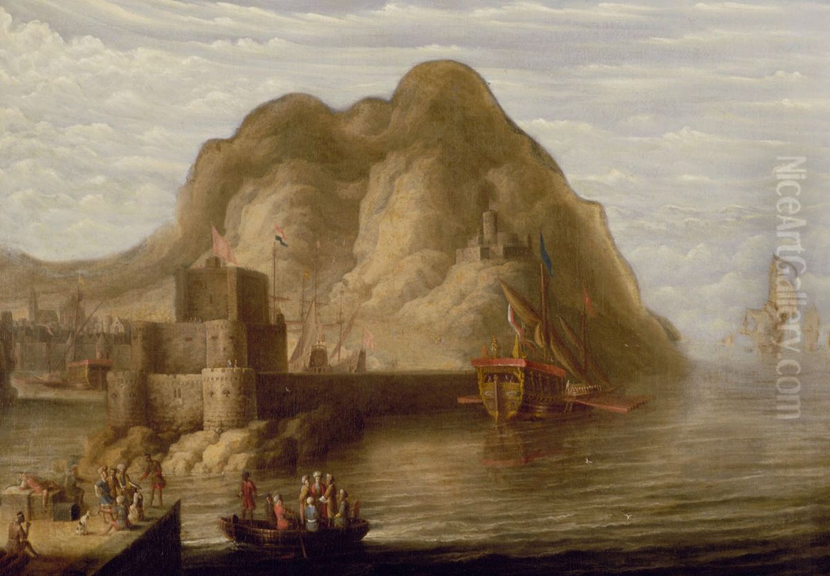 View of Gibraltar with ships in the harbor Oil Painting by Peter van de Velde