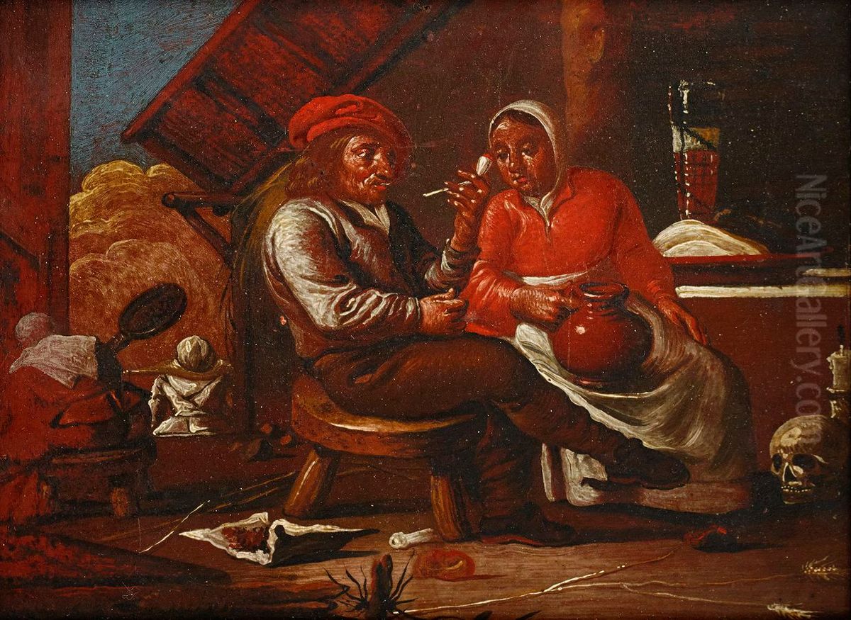 Couple smoking and drinking in an inn Oil Painting by Francois Duchatel