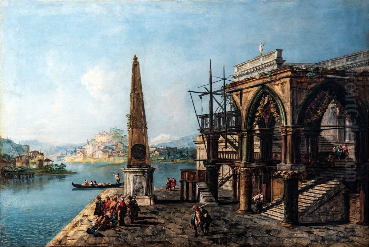 Capriccio con edificio gotico e obelisco Oil Painting by Michele Marieschi