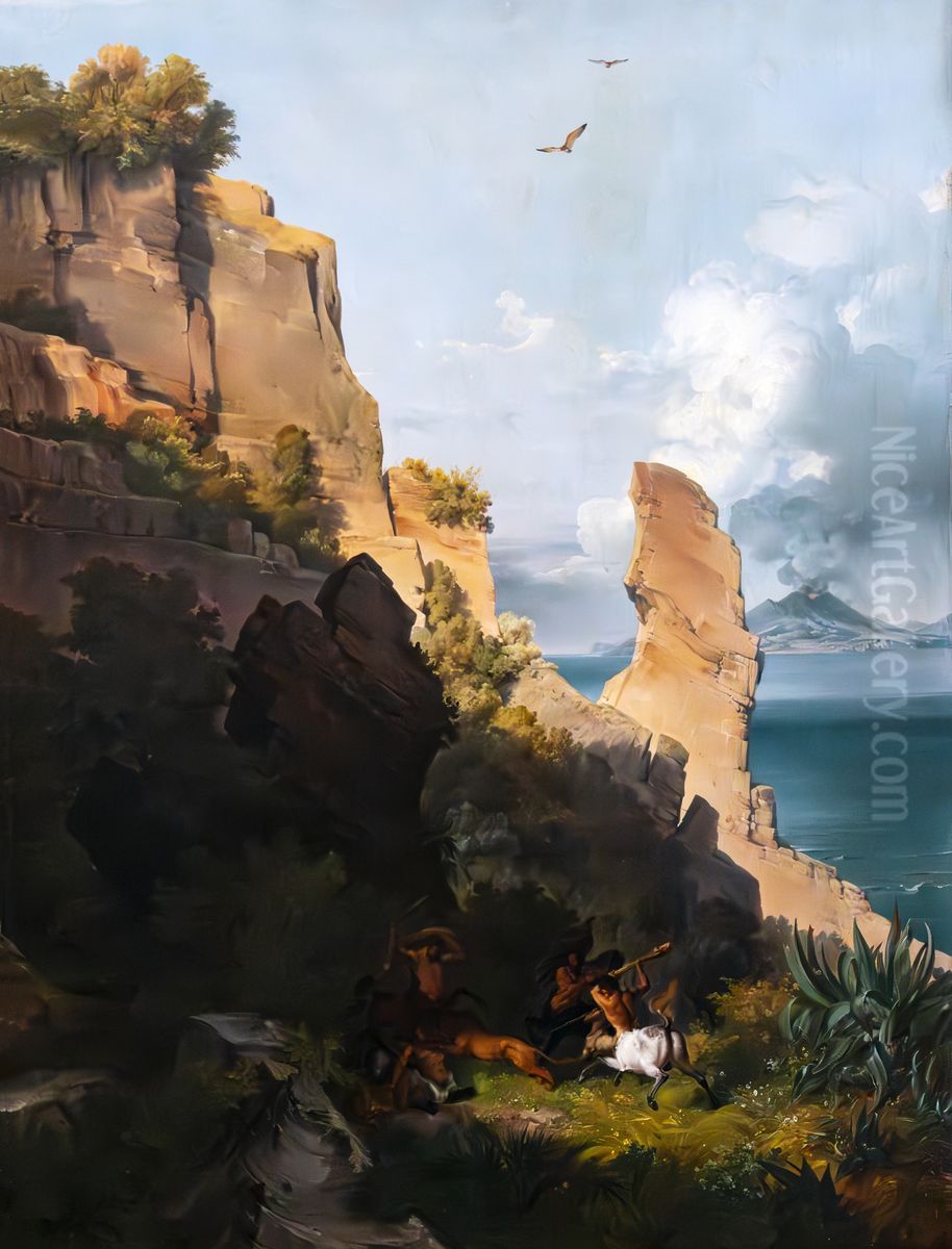 Rocks by the sea with centaurs Oil Painting by Lancelot Theodore Turpin De Crisse