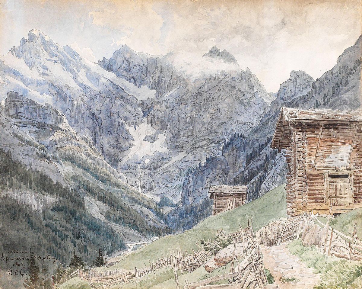 Alpehytter i Schweiz, Murren, Sefinenthal. Oil Painting by Janus Andreas Bartholin La Cour