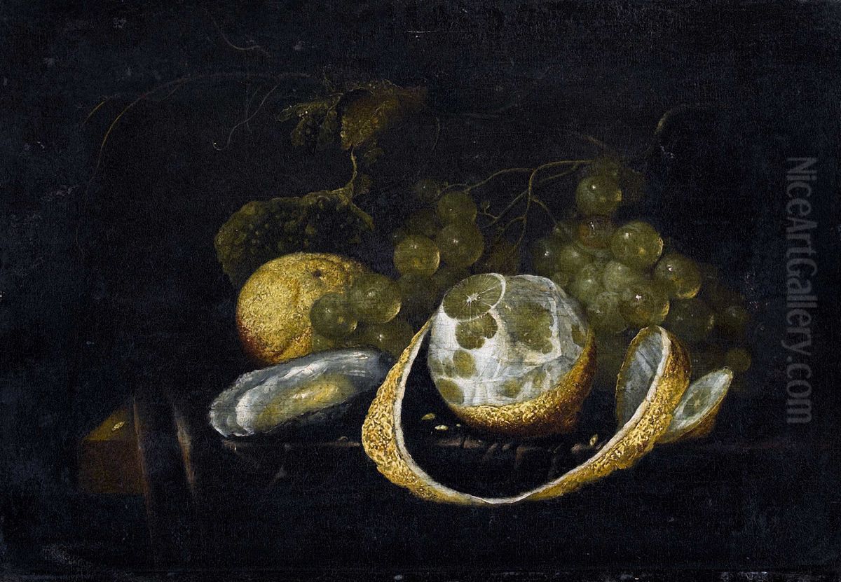 Still life with grapes, lemons and oyster Oil Painting by G. van Deynum