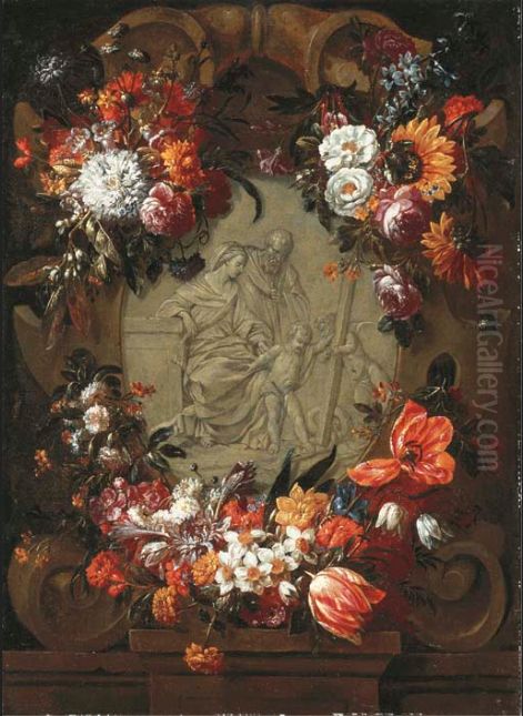 Garland of tulips, daffodils, carnations, sunflowers and other flowers around a stone cartouche with the Holy Family and the Infant Saint John Oil Painting by Gaspar Peeter Verbruggen the Elder