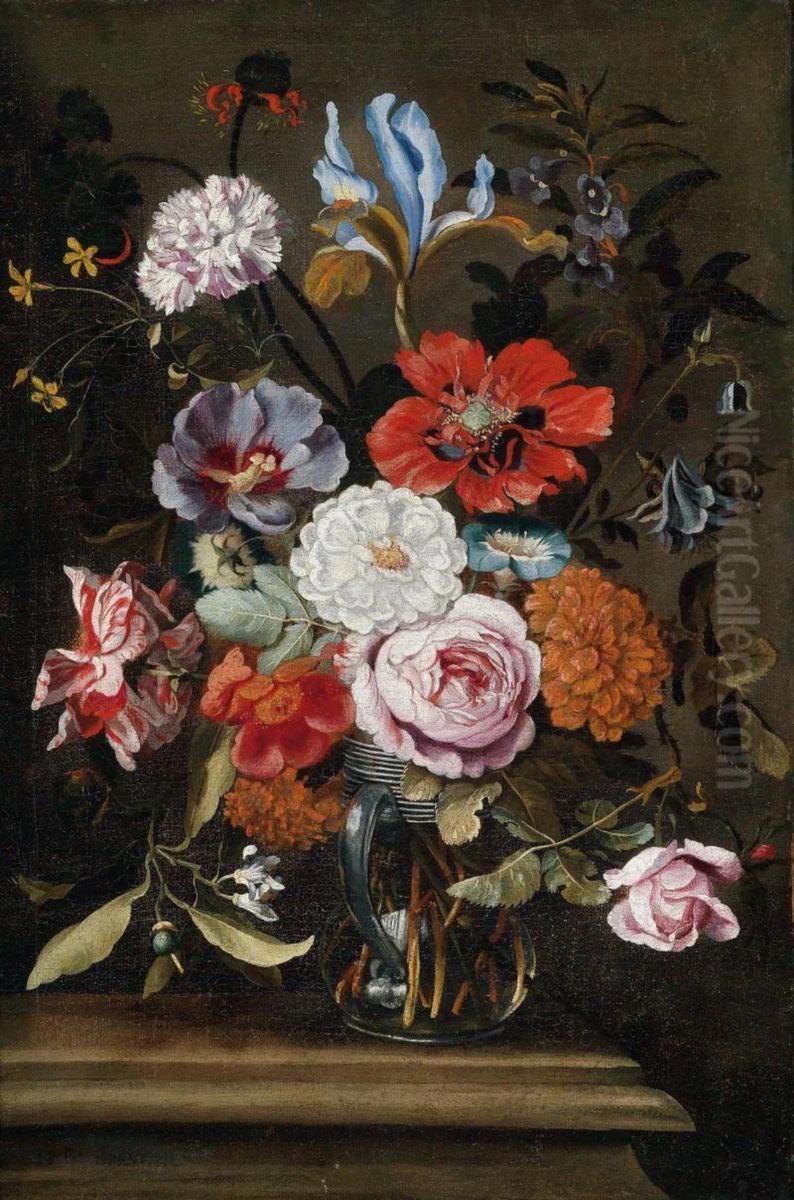 Flowers in a glass vase on a stone ledge Oil Painting by Ferdinand Brueghel