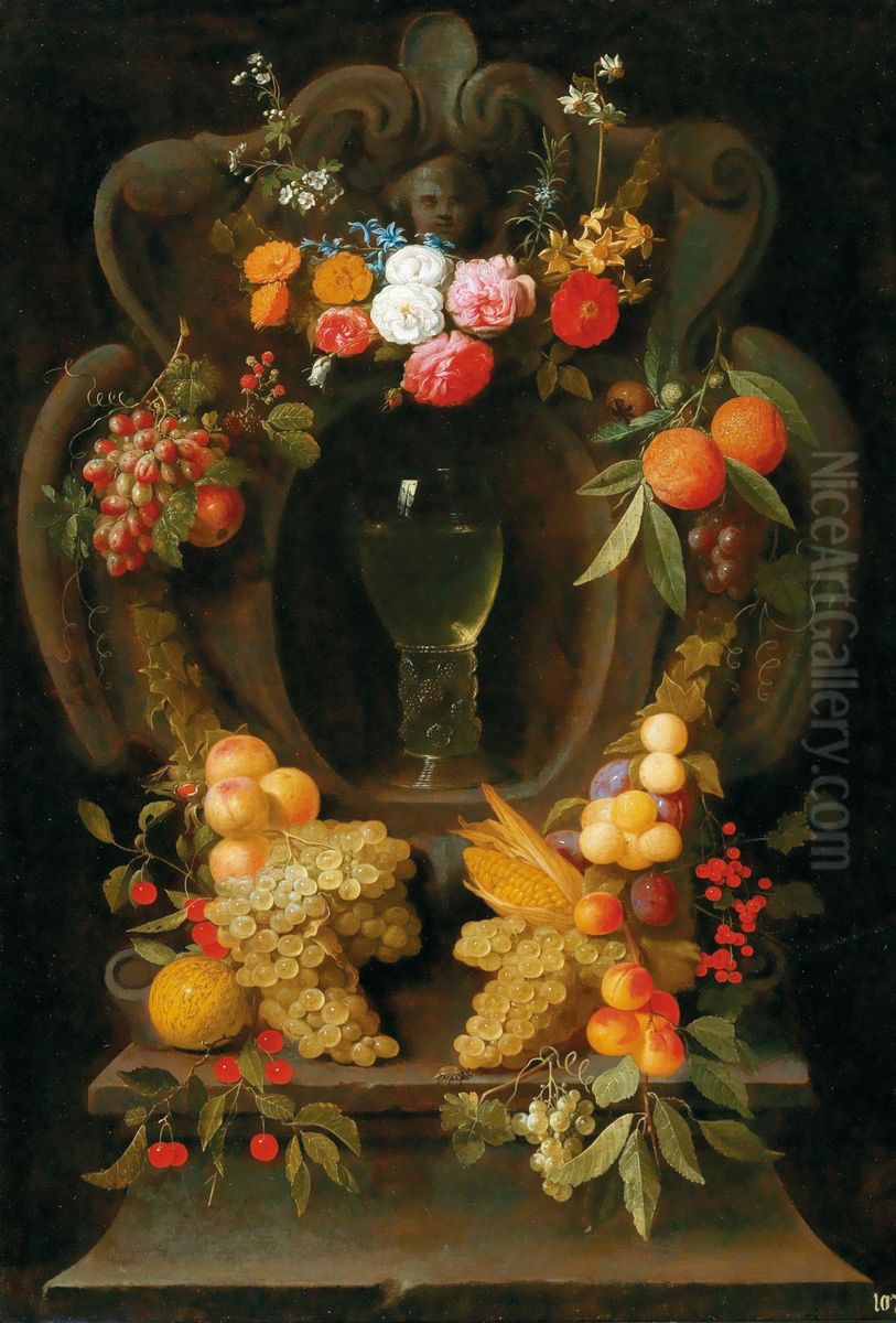 Garland of fruit and flowers surrounding a cartouche with a glass of wine Oil Painting by Jacob van Es