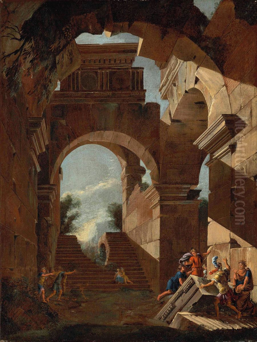 Architectural capriccio with figures amongst ruins Oil Painting by Viviano Codazzi
