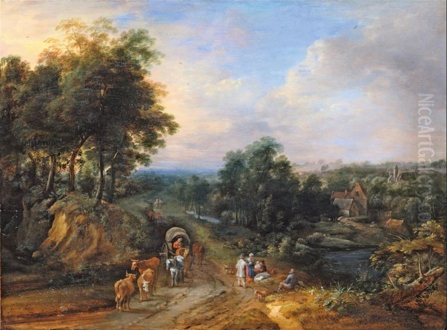 Wide landscape with cart and figures Oil Painting by Jacques d'Arthois