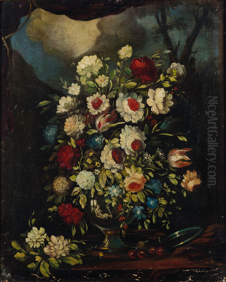 Flowers in a vase on a stone ledge (2) Oil Painting by Francesco Caldei